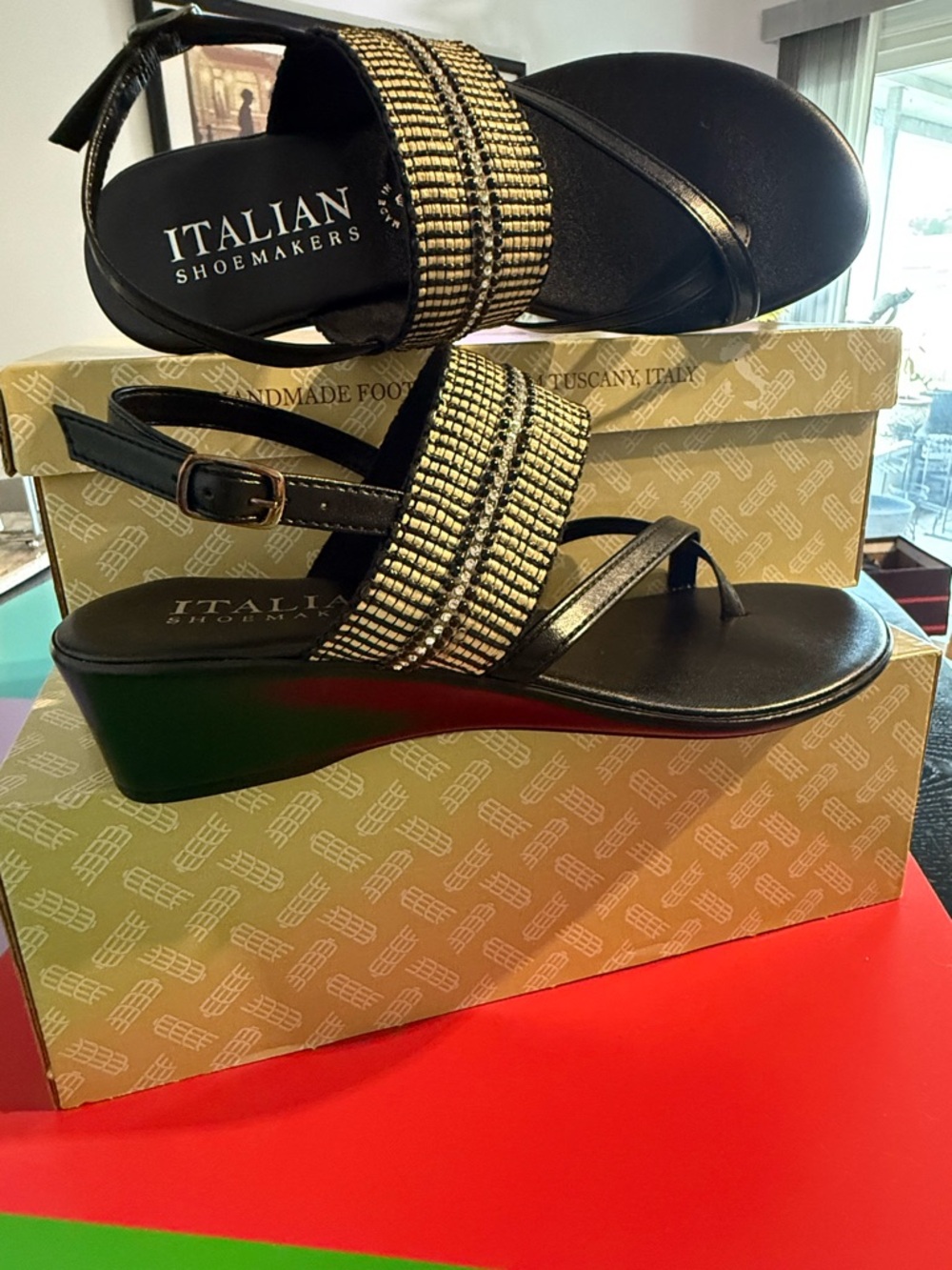 Italian Shoemakers Black Wedge Sandals with Gold Beaded Straps